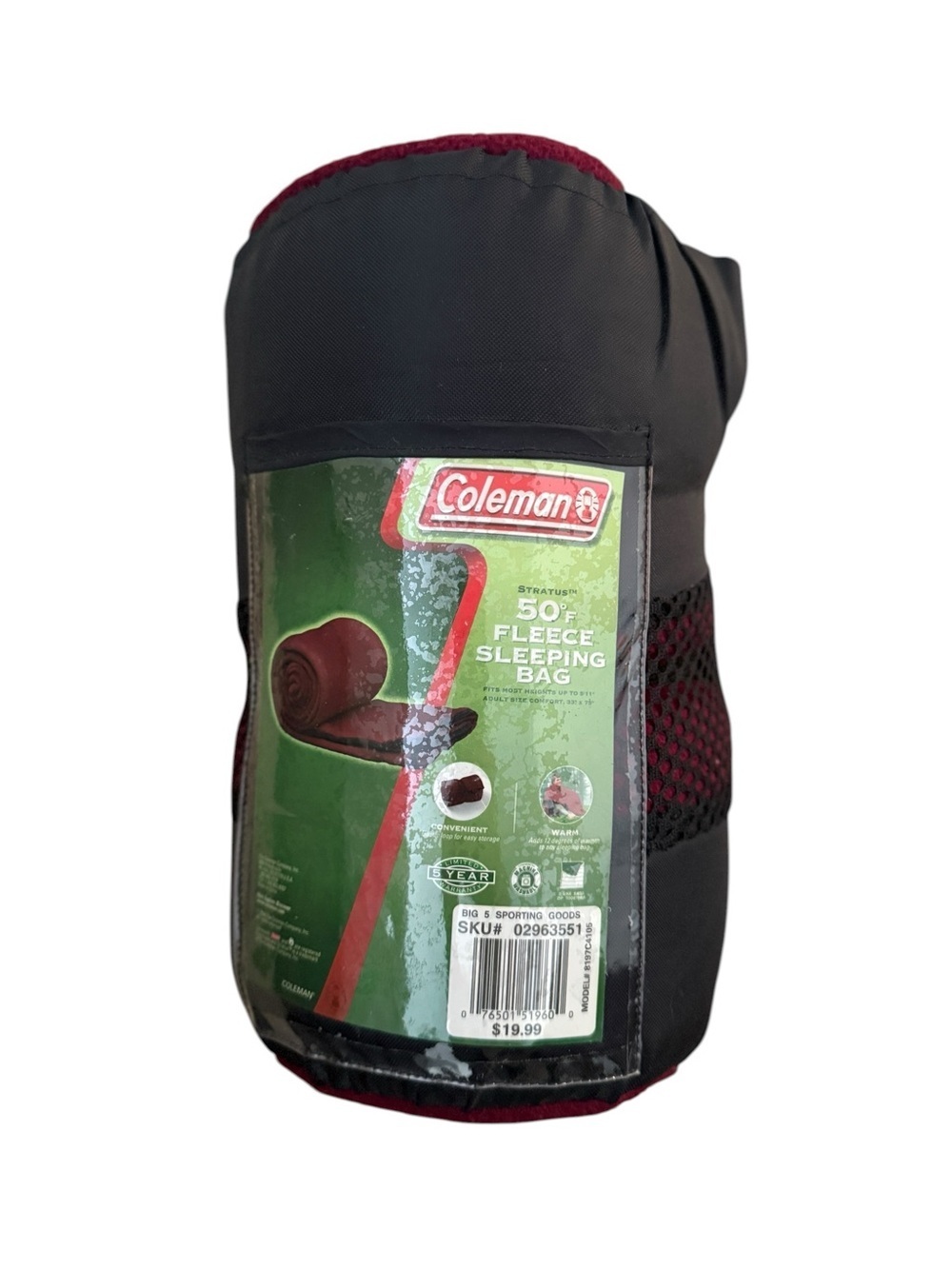 NWT Coleman 50 degrees F Fleece Sleeping Bag Adult Size 33” x 75”